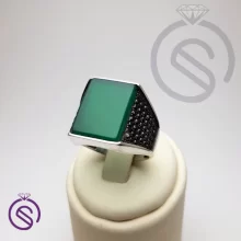 انگشتر نقره عقیق سبز مردانه مدل سلطنتی مستطیل کد 62354